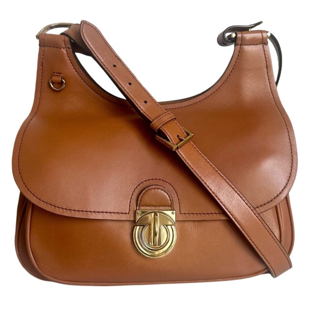 TORY BURCH JAMES SADDLE BAG Crossbody Camel Flap Close Gold Accents COA